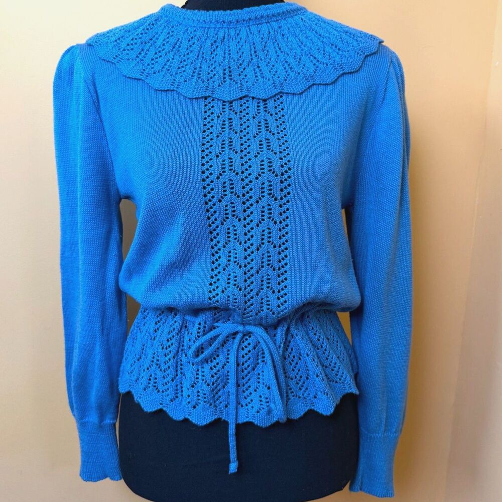 Vintage 80s Blue Lace Pointelle Knit Peplum Sweater Top Peter Pan Collar USA